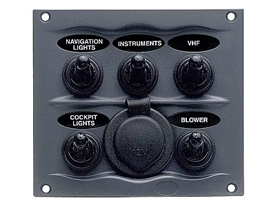 BEP Switch Panel DC Waterproof 5xOn/Off 1xPower Receptacle 16A Charcoal